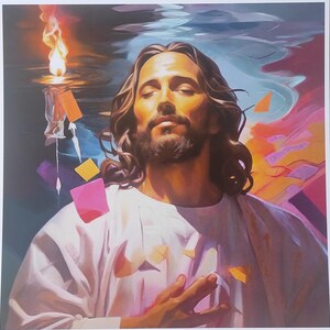 Gesù incontra lo Spirito Santo in un cielo pieno di luce e colori - quadro moderno - stampa - 29 x 29 cm -