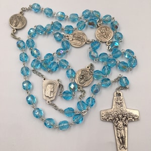Unsere Liebe Frau von Fatima Rosenkranz: Kristallperlen, Guter Hirt Kreuz, vom Papst gesegnet