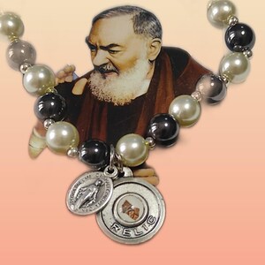 Padre Pio Relic Ex-Indumentis+ Miraculous Madonna Medal in Bracelet with Golden Beads,Pearl & Gray Elasticized ,Blessed by Pope Francis