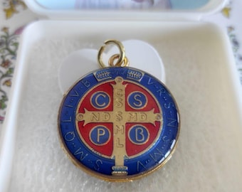 Saint Benedict Medal Pendant - Gold-Plated with Blue Edges, Double-Sided Resin Charm , protects from evil