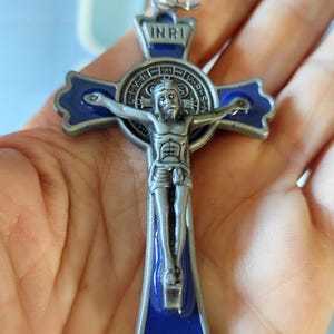 St. Benedict Crucifix: Blue Metal Protective Cross (7x4.5 cm)