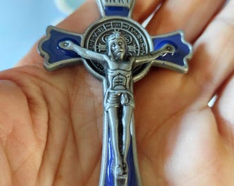 St. Benedict Crucifix: Blue Metal Protective Cross (7x4.5 cm)
