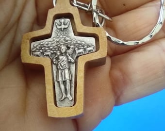Good Shepherd Cross Keychain: Silver Plated, Hand Carved Wood