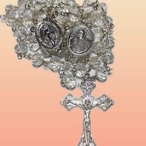 Miraculous Medal Rosary Necklace: Transparent Beads, Pope Francis Blessing