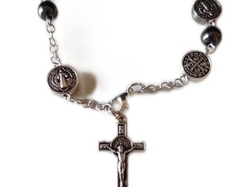 Saint Benedict Silver Bracelet: Malachite Beads, Blessed by Pope Francis