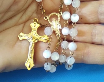 Blessed Rosary Necklace: Milky White Prayer Beads, Golden Cross