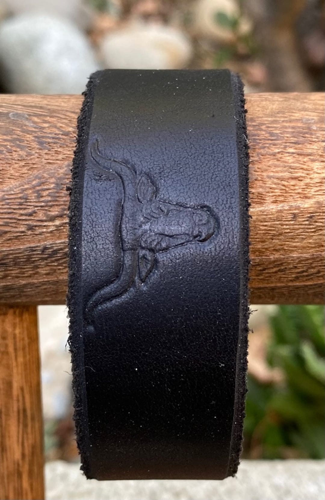 Black Leather Western Style Bracelet/cuff With Long Horn Symbol Etsy