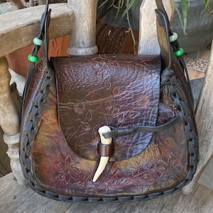 Vintage restored leather tooled hippie boho festival Gypsie shoulder/crossbody bag with beads