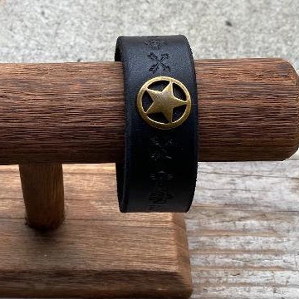 Black leather cuff bracelet with brass plated  Ranger Star Concho - adjustable with 2 snapes