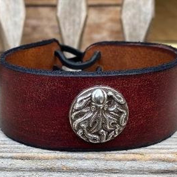 Reddish Brown leather upper arm/bicep cuff with  antique silver plated  octopus concho