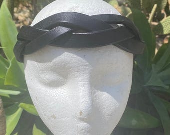 Black braided leather headband - adjustable - retro look