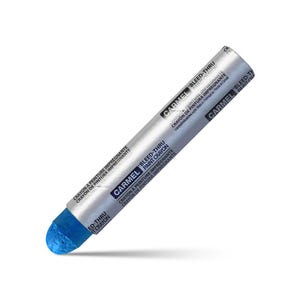 Könnte beinhalten: Ein silberner und blauer Malkreiden mit dem Text "CARMEL BLEED-THRU PAINT CRAYON" und "CRAYON A PEINTURE IMPREGNANTE CRAYON DE PINTURA IMPREGNANTE" an der Seite.