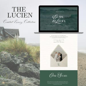 以下が含まれることがあります： The Lucien Coastal Luxury Collectionと題されたデジタル結婚式招待状テンプレート。海をテーマにしたグラフィックが表示されたノートパソコンの画面、カップルの写真が入った封筒、エレインとルシアンの結婚式に関する詳細なテキストが含まれています。