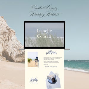 Może przedstawiać: Ekran laptopa wyświetlający stronę internetową ślubu Isabelle i Conrad w Nantucket na tle plaży. Poniżej znajduje się kremowa karta zaproszenia z ilustracją latarni morskiej, napisem Please Join Us oraz sekcją RSVP.