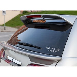 Può includere: Il lunotto posteriore di un'auto argentata presenta un adesivo bianco con la scritta "tell your dog i said hi". L'auto ha uno spoiler e un tergicristallo posteriore. Lo sfondo comprende una strada, un edificio e vegetazione.