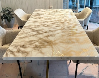 Epoxy Table Marble Design Chrome Gold and White Dining Table, Kitchen, Coffee, Office Table, Handmade Custom Order Resin Art Premium from EU