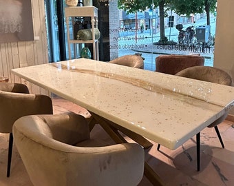 Custom Made Dining Table with Golden Flakes and Gold River, Unique Modern Design, High Gloss Finishing, Premium Quality Handmade in Europe.