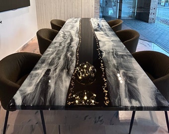 Table luxueuse de rivière noire sur mesure, art de coulée de plage blanche, flocons d’or, résine époxy, design unique, fait à la main, toutes les couleurs possibles