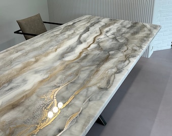 Bespoke Silver and Gold Pouring Art Dining Table, Epoxy Resin, Handcrafted Marble Design, High Quality, Safe Shipping Worldwide.