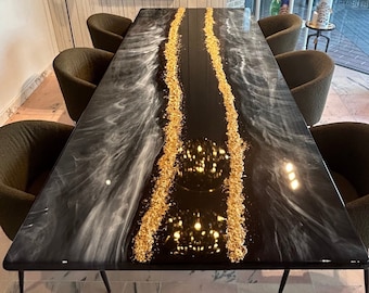 Flocons d’or luxueux sur mesure, rivière Noire, table à manger d’art en résine époxy, design unique, fait à la main, toutes les couleurs possibles