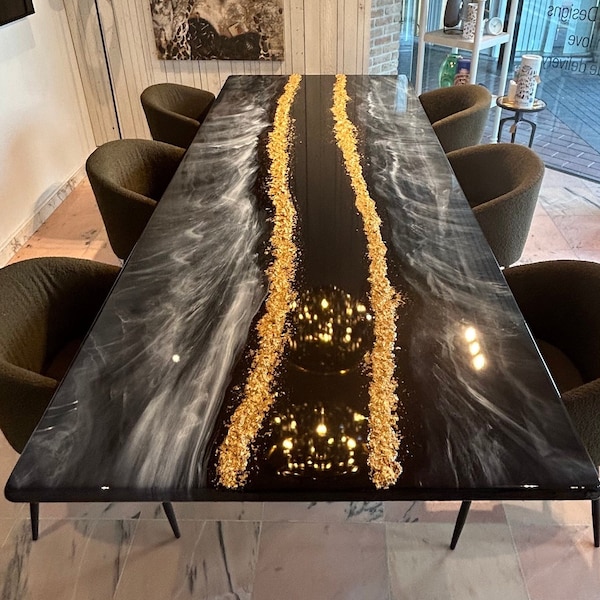 Flocons d’or luxueux sur mesure, rivière Noire, table à manger d’art en résine époxy, design unique, fait à la main, toutes les couleurs possibles