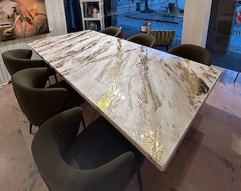 Bespoke Bright Gold Highlights Dining Table, Pearl Color Marble Design, Epoxy Resin Art, All Colors, Luxury Unique Products, Safe Shipping
