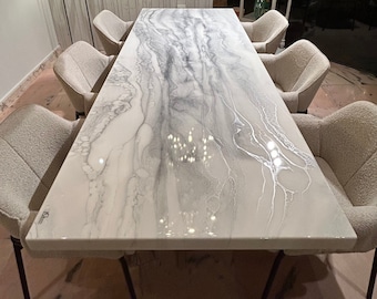 Bespoke Extra Thickness Silver and White Dining Table, Unique Resin Art, All Colours, Size, Shapes Possible