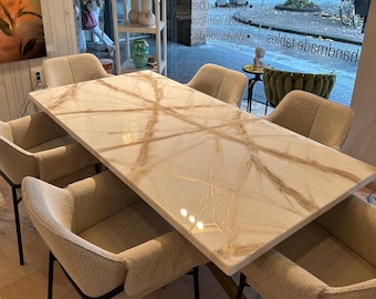 Dining table epoxy white and gold marble look gold legs