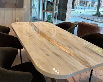 Made To Order Exclusive Epoxy Resin Art Dining Table, Round Corners, White And Grey Marble Look, Gold River, Custom Colors Shape Design