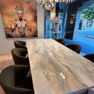 Silver And Gold Custom Made Dining Table, Epoxy Resin Pouring Art, Marble Design, High Quality Handmade, Safe Shipping Worldwide.