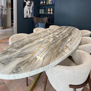 Oval Made To Order Silver and Gold Dining Table | Epoxy Resin Pouring Art | Marble Design | High Quality Handmade