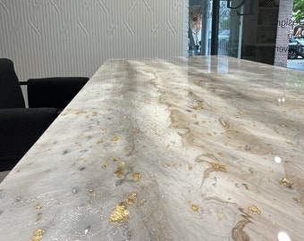 Silver and Gold Flakes Custom Dine Table, Luxe Epoxy Resin Pouring Art, Unique Design, Handmade, All Colors Shapes Sizes Possible