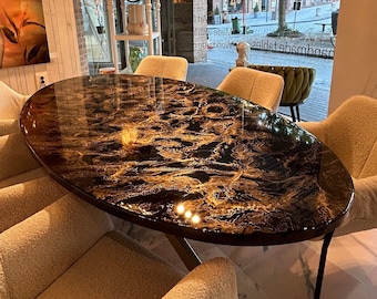 Table à manger ovale sur mesure, art en résine époxy, design en marbre nuageux noir et or, fait à la main de haute qualité, expédition sûre dans le monde entier.
