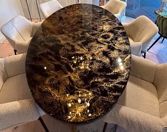 Custom Made Oval Dining Table, Epoxy Resin Art, Black and Gold Cloudy Marble Design, High Quality Handmade, Safe Shipping Worldwide.