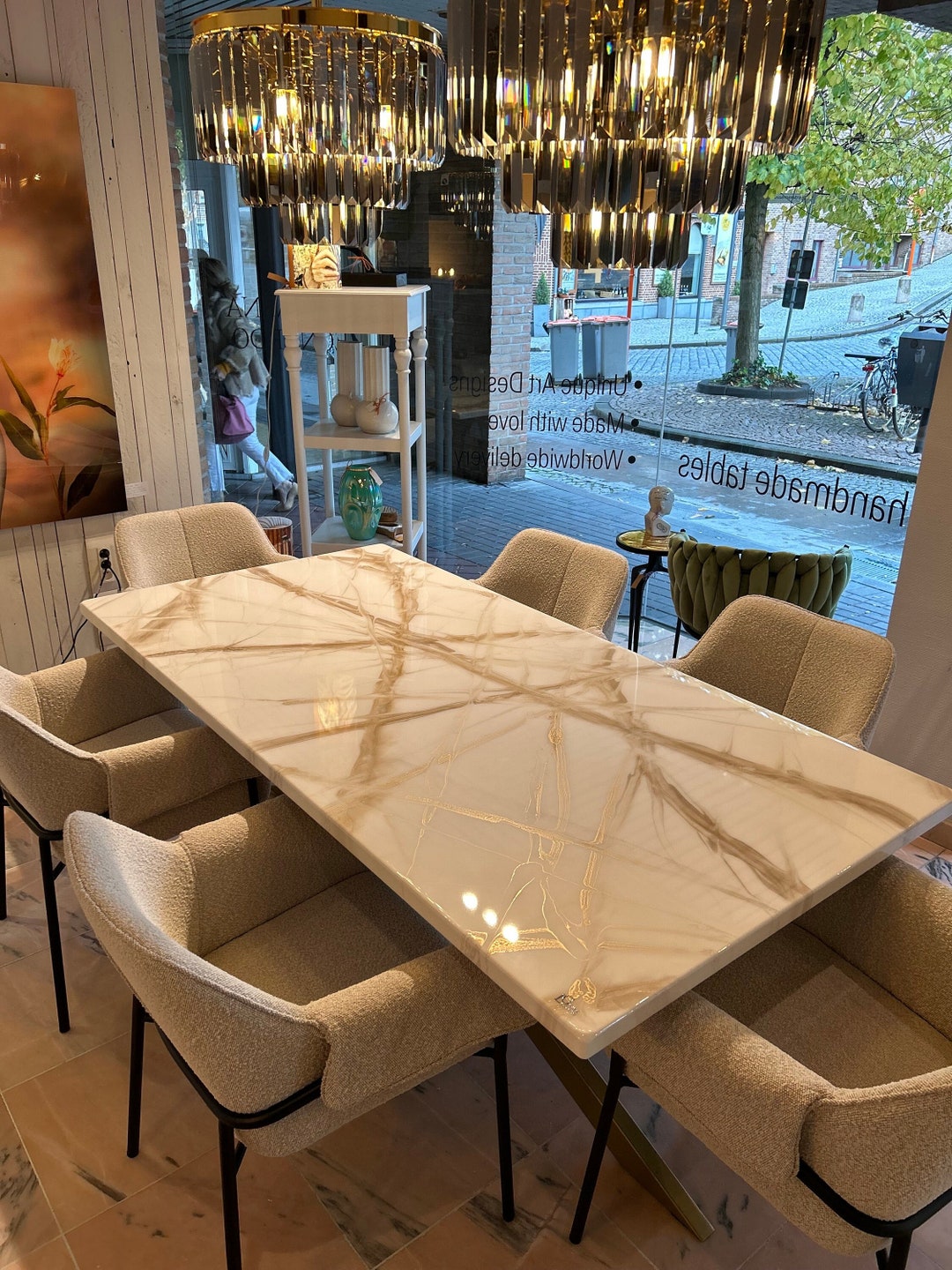 Buy Dining Table Epoxy White and Gold Marble Look Gold Legs Online