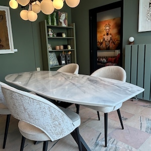 Custom Made Dining Table. Silver Marble Design. Unique Modern Shaped, Thin Top with Beveled Edges. Quality Handmade. Safe Shipping