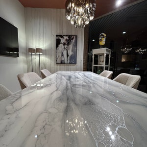 Bespoke Extra Thickness Silver and White Dining Table, Unique Resin Art, All Colours, Size, Shapes Possible afbeelding 2