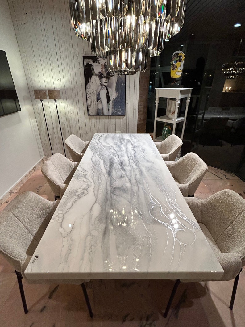Bespoke Extra Thickness Silver and White Dining Table, Unique Resin Art, All Colours, Size, Shapes Possible afbeelding 1
