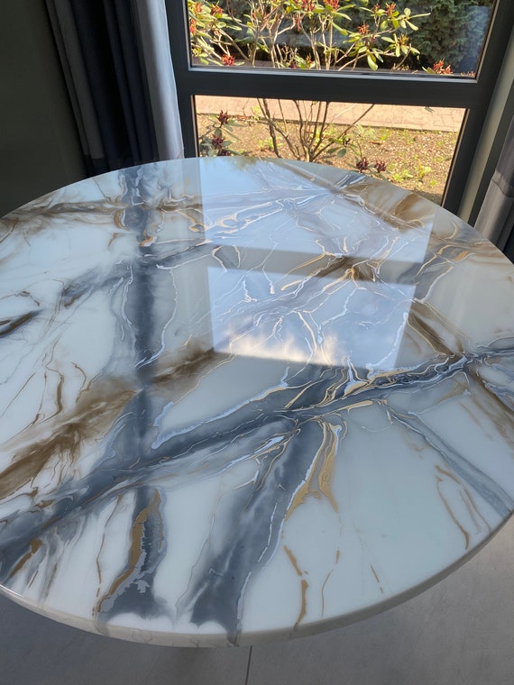 Round Resin Art Table Gold and Silver Marble Design Gold Color