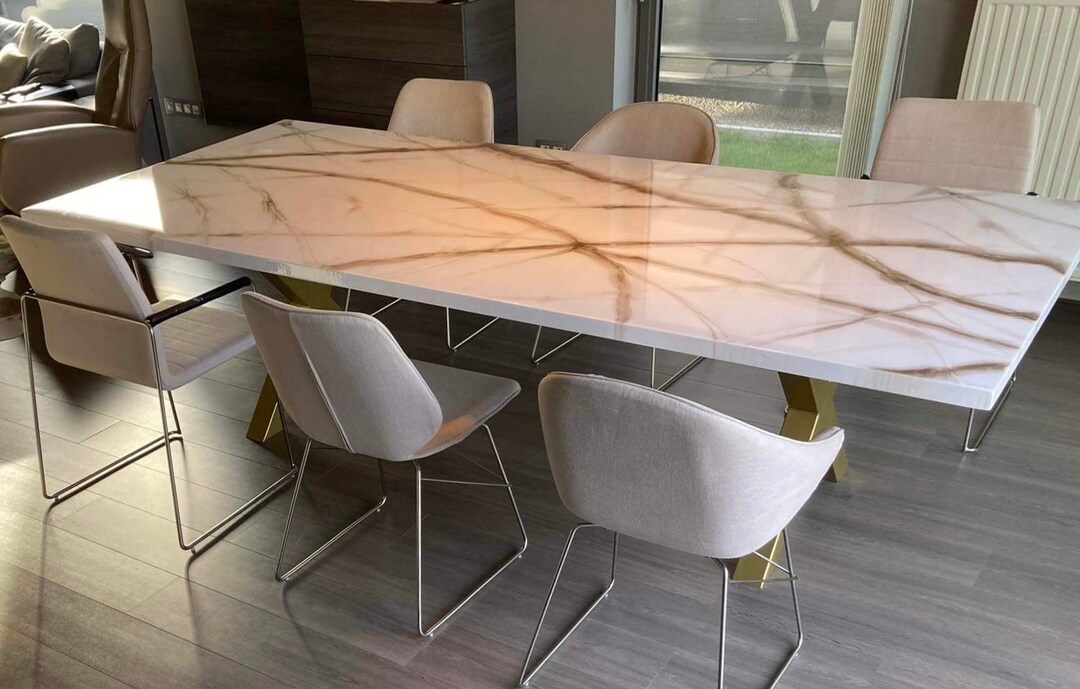 Dining Table Epoxy White and Gold Marble Look Gold Legs Etsy UK