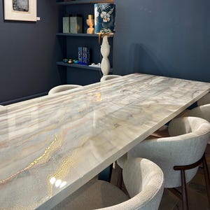 Made To Order Dining Table Top | White, Gold, Silver and Copper Pouring Art | Metal legs