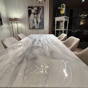 Bespoke Extra Thickness Silver and White Dining Table, Unique Resin Art, All Colours, Size, Shapes Possible afbeelding 6