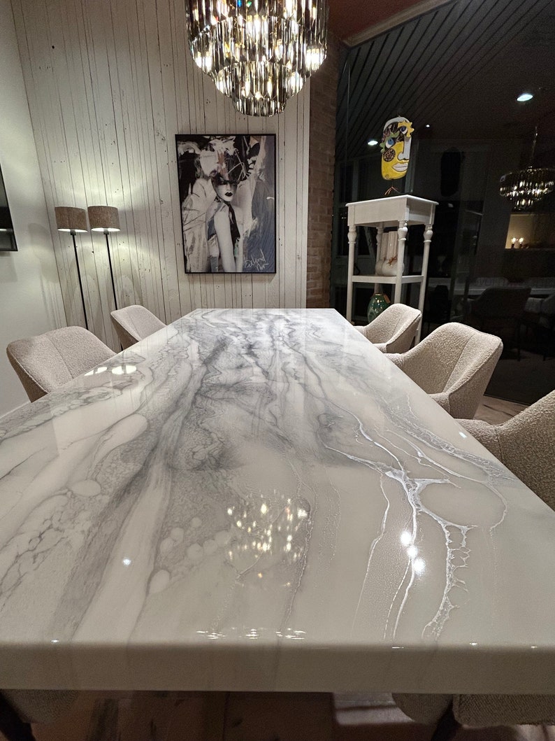 Bespoke Extra Thickness Silver and White Dining Table, Unique Resin Art, All Colours, Size, Shapes Possible afbeelding 6