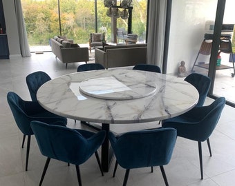Marble design dine table with blue and gold, custom made round table top.