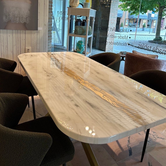 Made to Order Exclusive Epoxy Resin Art Dining Table Round Corners White and Gray Marble Look Gold River Custom Colors Shape Design Etsy