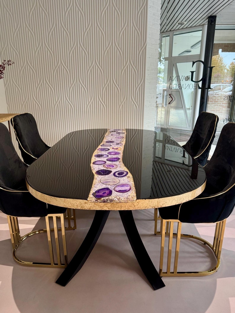 Custom Purple Agate Dining Table With River Design & Druzy Crystal