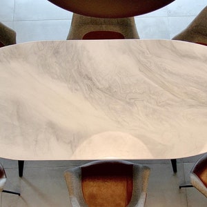 Unique Shaped Dining Table, White and Gray Marble Design. All Colors, Shapes and Designs Possible.