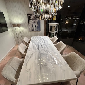 Bespoke Extra Thickness Silver and White Dining Table, Unique Resin Art, All Colours, Size, Shapes Possible afbeelding 4