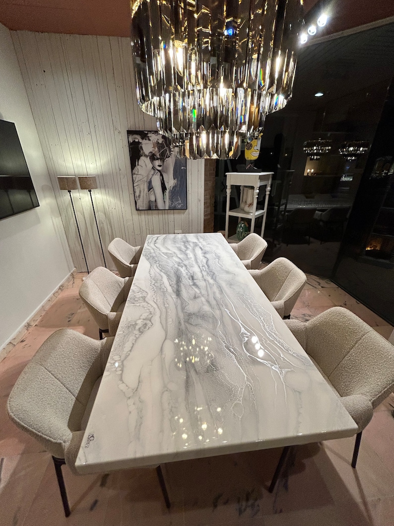 Bespoke Extra Thickness Silver and White Dining Table, Unique Resin Art, All Colours, Size, Shapes Possible afbeelding 4