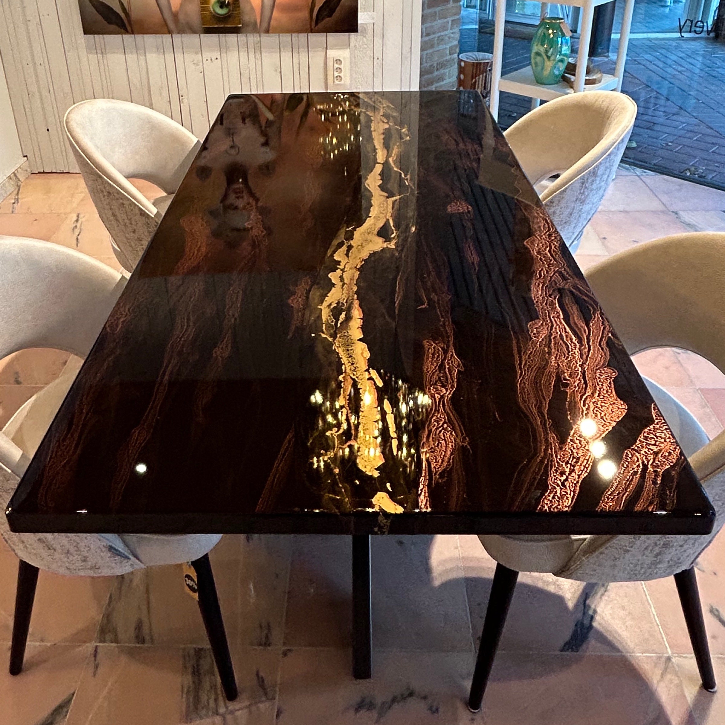 Bespoke Resin Art Dining Table Black and Copper Design Gold River All Colors Shapes Designs Handmade Unique Products Safe Shipping Etsy